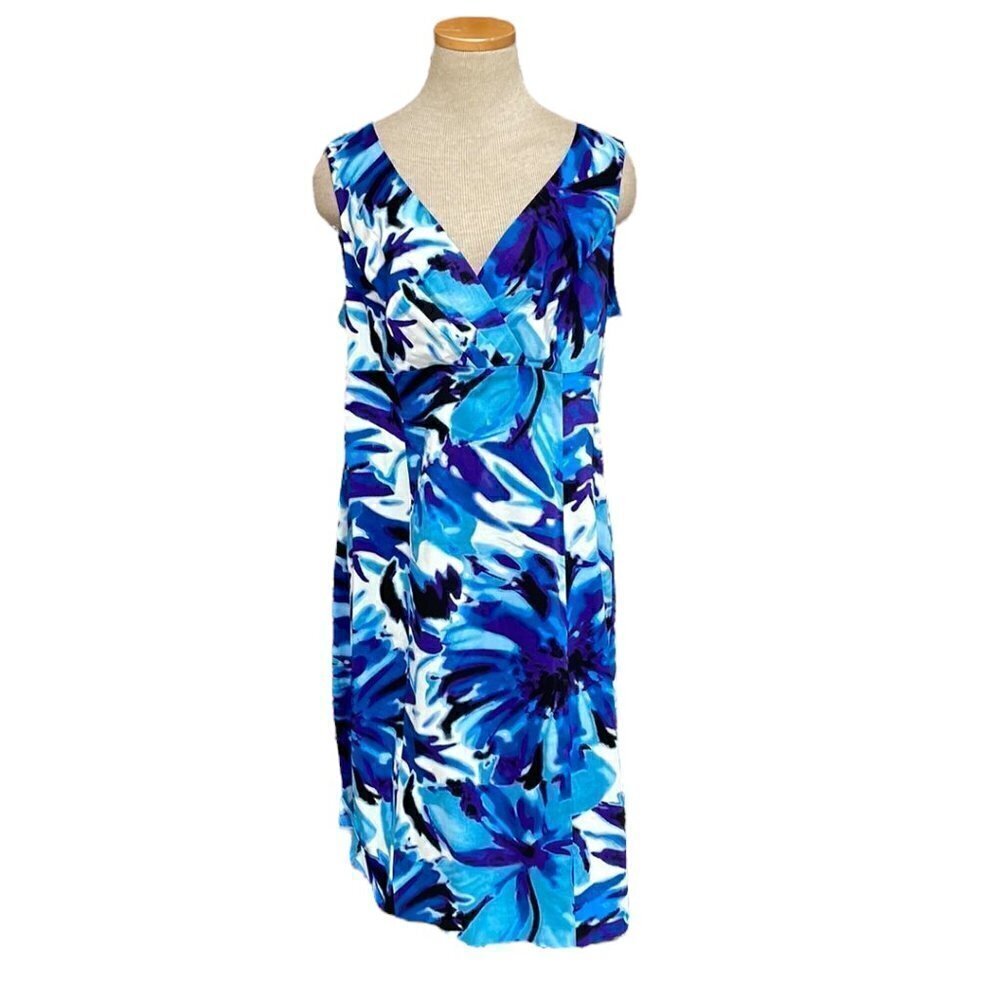 Anne Klein Midi Dress Floral Blue Sleeveless V-Neck Size Large
